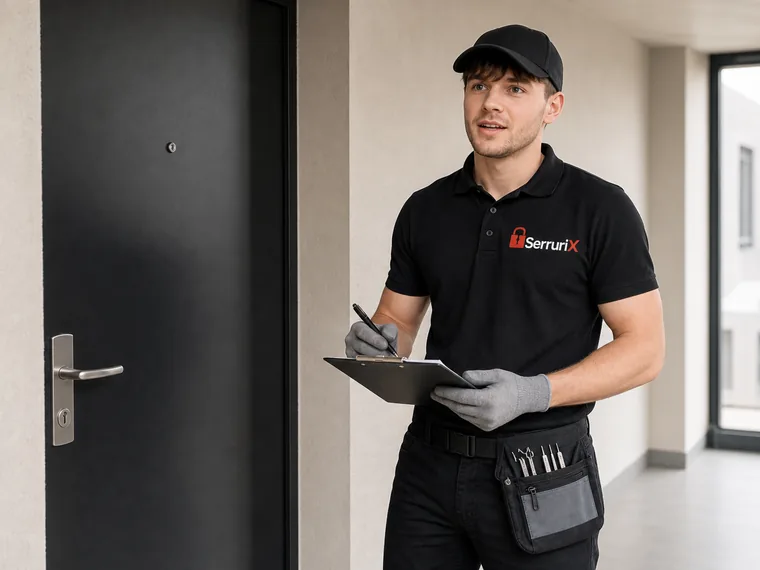 Technicien Serrurix préparant un devis clair devant une porte à Annonay