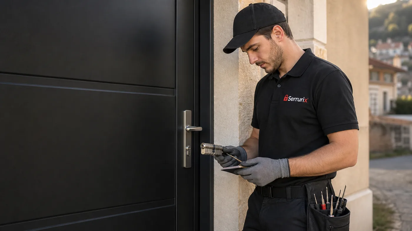 Technicien Serrurix inspectant une porte sombre après tentative d'effraction à Annonay