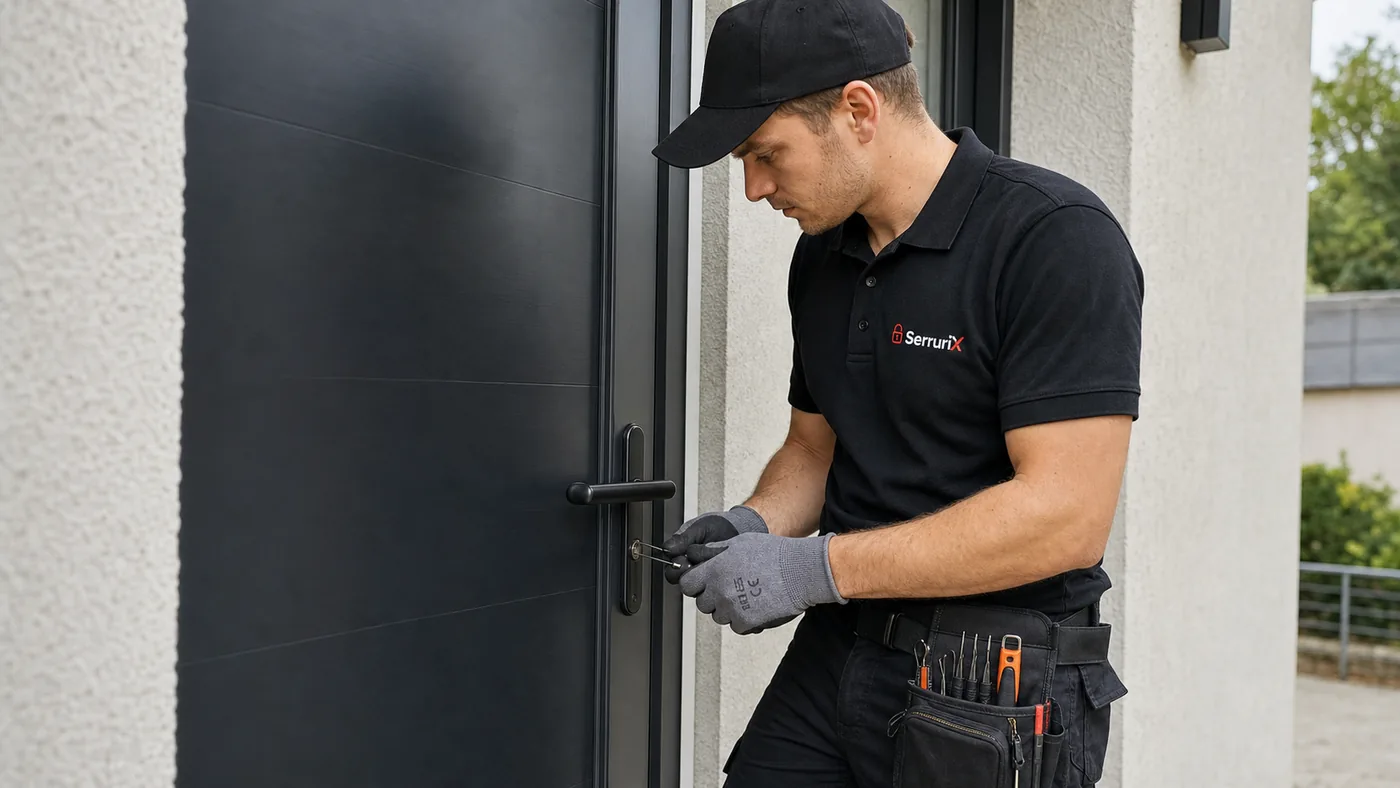 Technicien Serrurix devant une porte claquée à Annonay avec logo sur polo noir