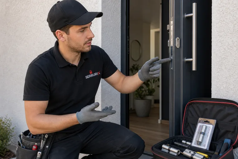 Technicien Serrurix conseillant une sécurisation de porte avec logo visible sur polo noir