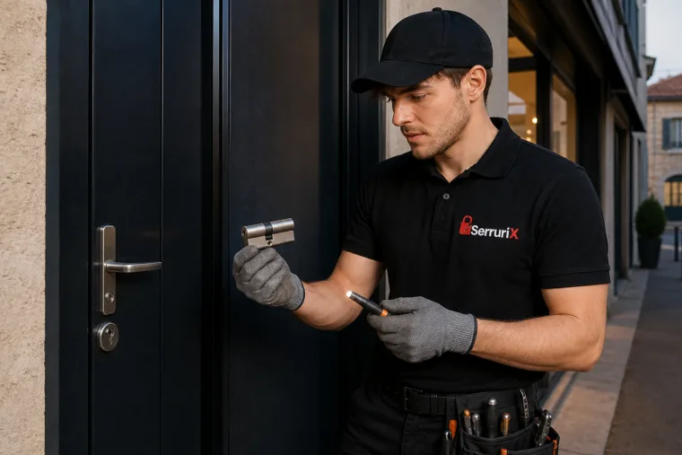 Technicien serrurier Serrurix intervenant sur une serrure bloquée à Chavanay
