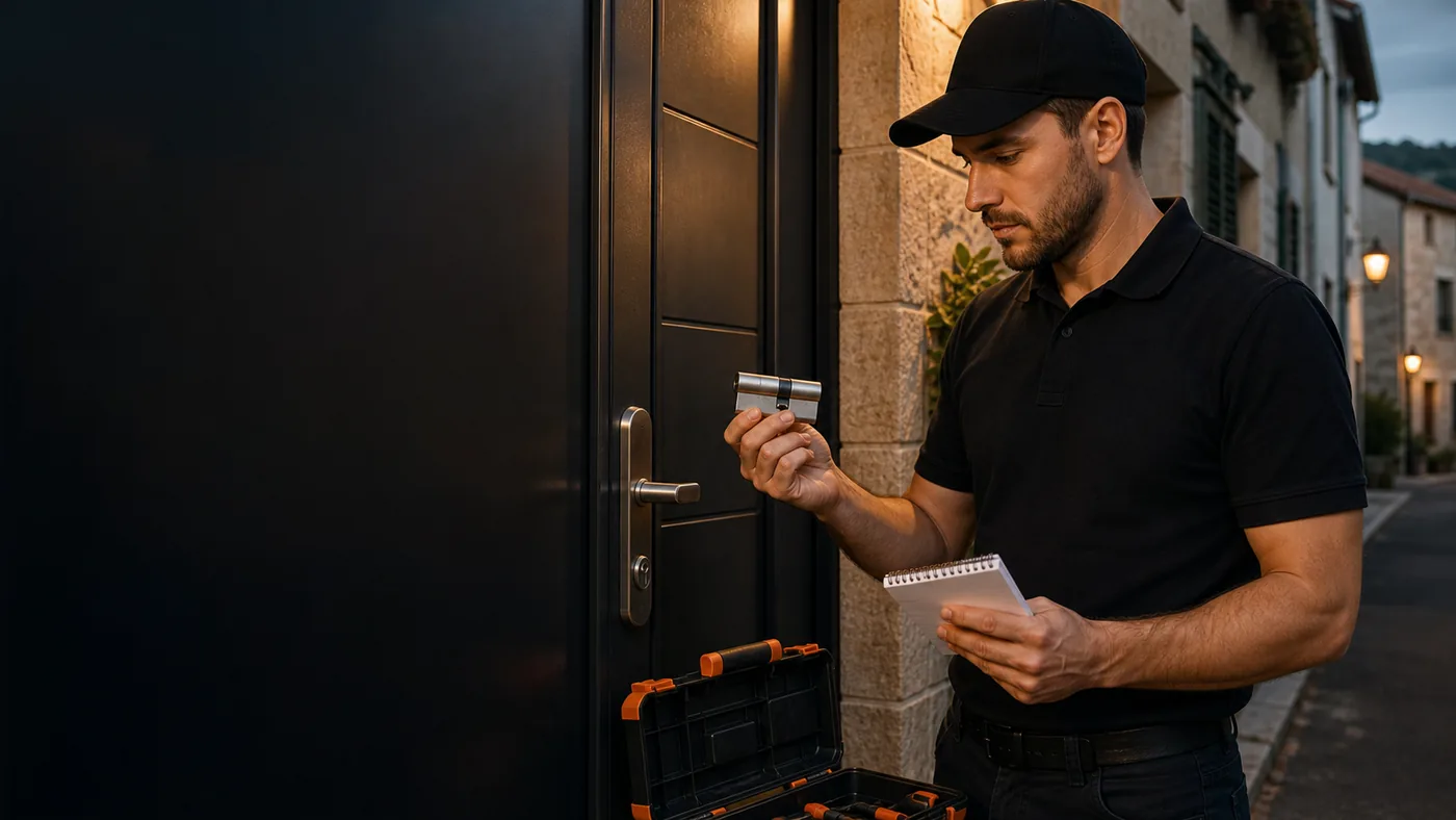 Serrurier à Annonay devant une porte d'entrée avec cylindre sécurisé