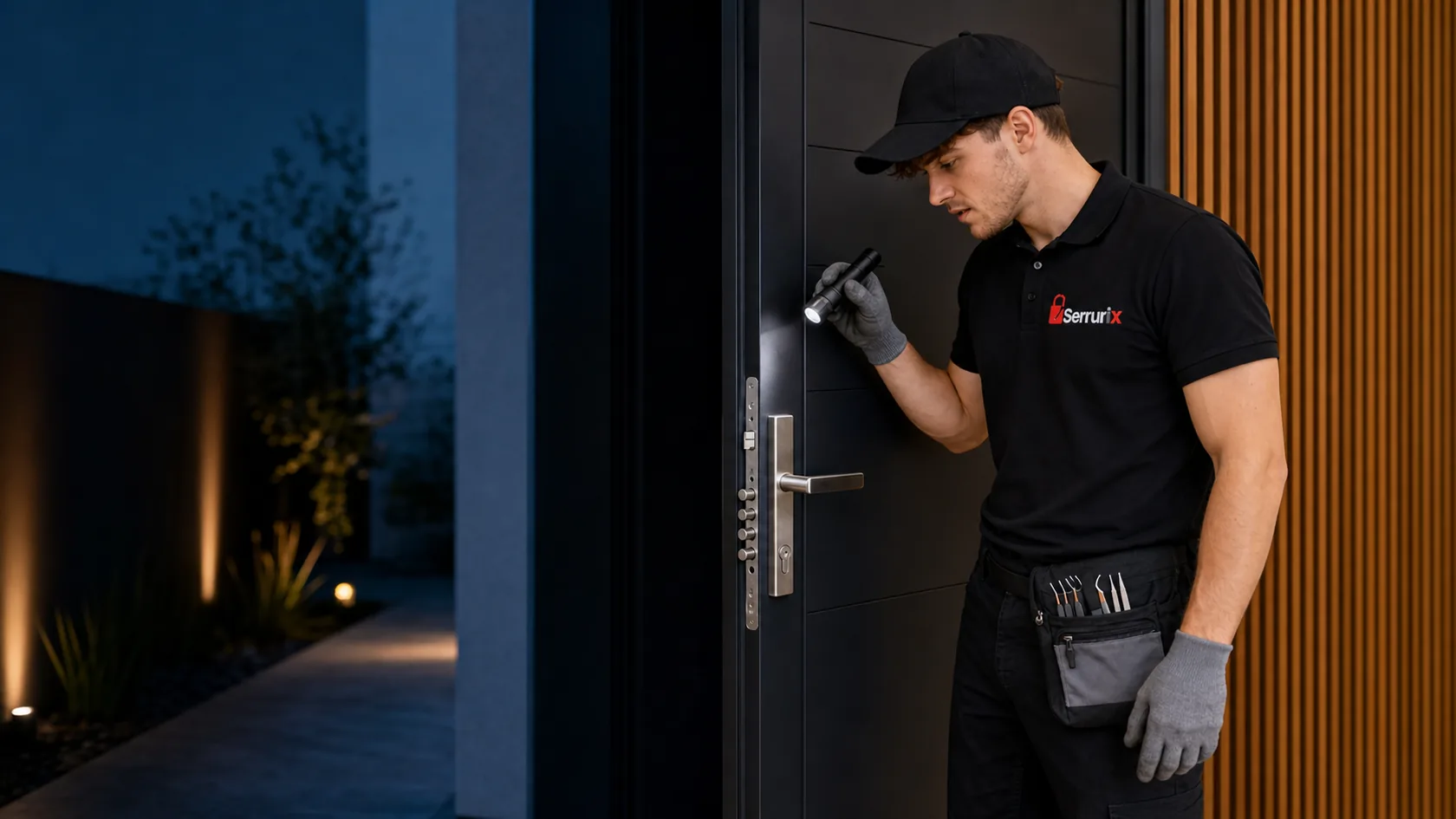 Technicien Serrurix inspectant à la lampe une serrure multipoints sur une porte sombre