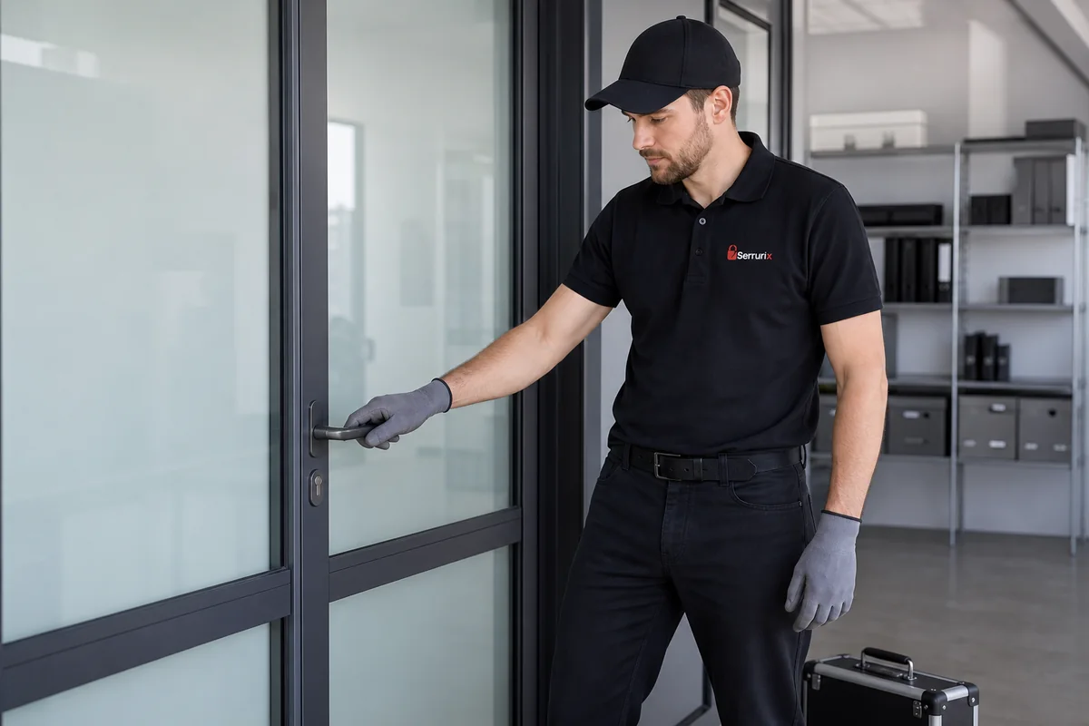 Contrôle de fermeture d’une porte vitrée de bureau par un technicien Serrurix