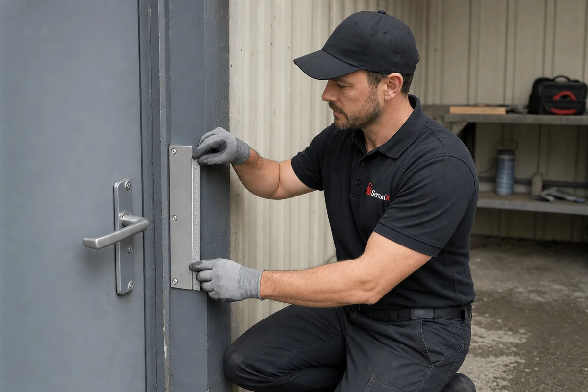 Vérification d’une protection métallique posée sur une porte de service endommagée