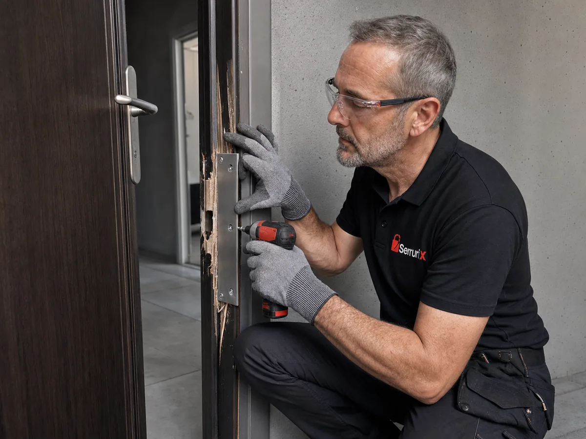 Technicien Serrurix fixant une plaque de renfort sur le bâti d'une porte dégradée
