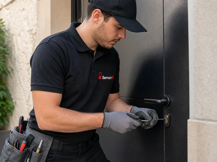 Technicien Serrurix ouvrant une porte à Condrieu avec logo visible sur le polo