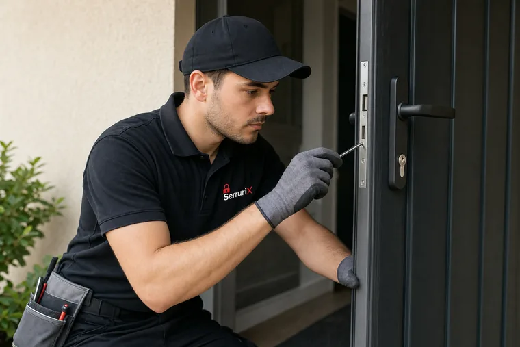 Inspection d'une porte par un technicien Serrurix pour sécurisation à Condrieu