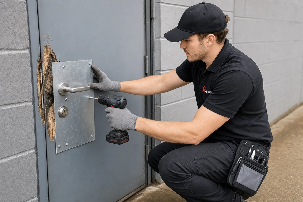 Pose d'une protection provisoire sur une porte dégradée après une tentative d'intrusion