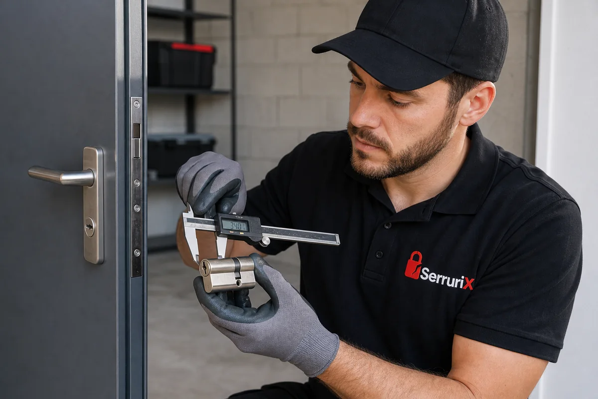 Technicien Serrurix mesurant un cylindre européen près d’une porte de garage