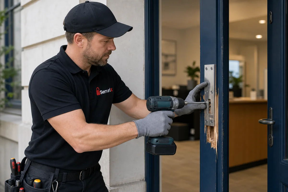 Technicien Serrurix posant une plaque de renfort sur le bâti endommagé d’un local professionnel