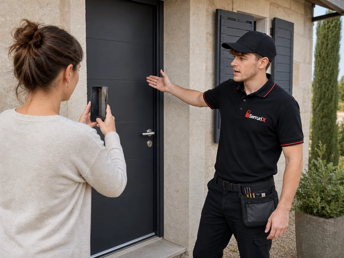 Cliente photographiant sa porte avant un dépannage SerruriX à Eyzin-Pinet