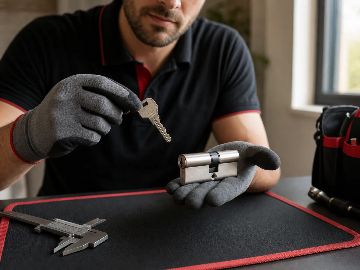 Comparaison d'une clé usée et d'un cylindre européen par un technicien ganté