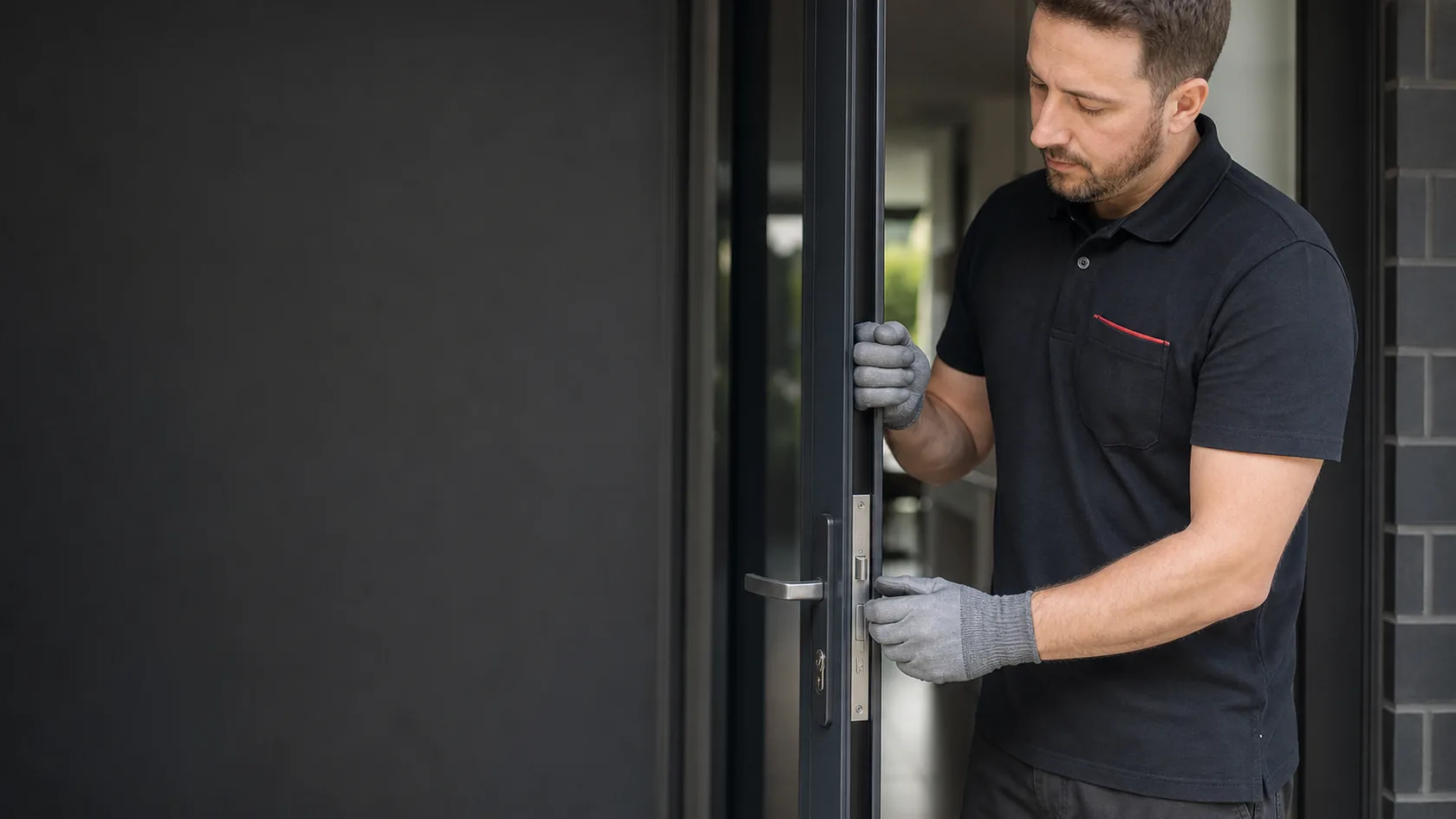 Technicien en polo noir contrôlant le mécanisme visible d'une porte sombre