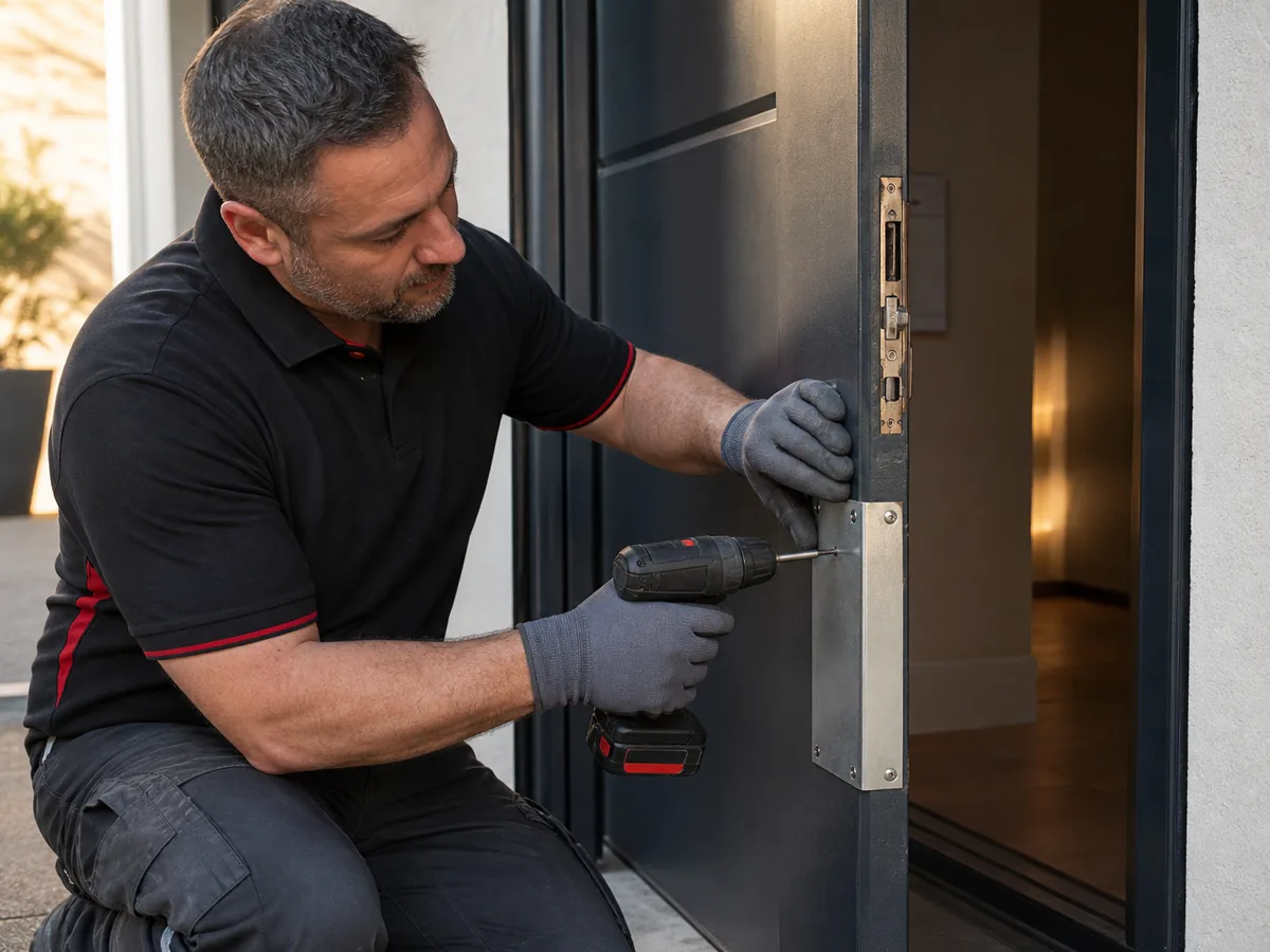 Pose d'une plaque métallique de protection sur une porte endommagée