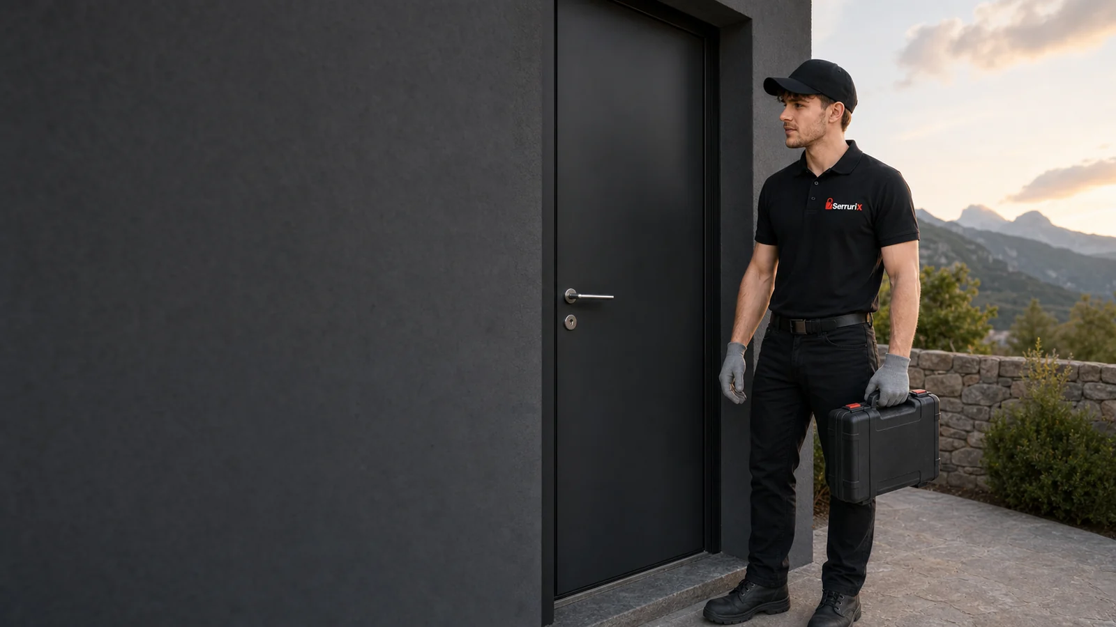 Technicien Serrurix devant une porte résidentielle dans le secteur de Pont-Évêque