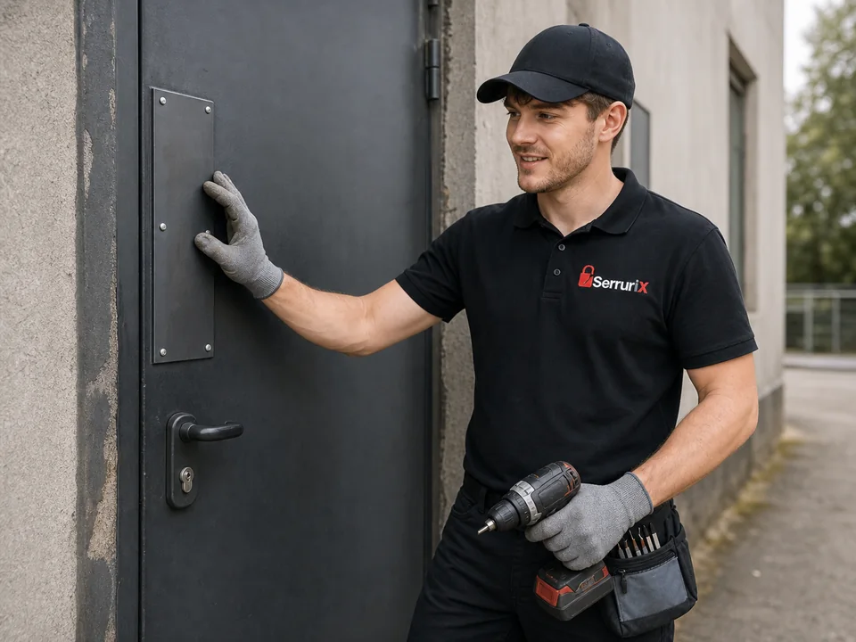 Technicien contrôlant une protection posée sur une porte de local endommagée