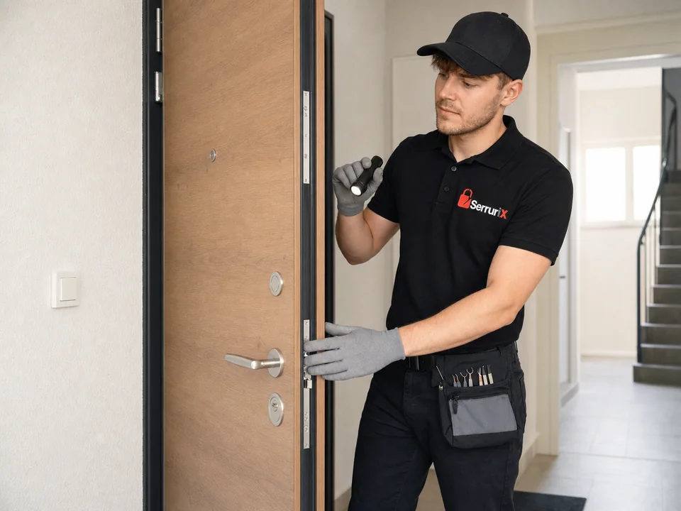 Diagnostic visuel d’une porte d’entrée par un technicien Serrurix