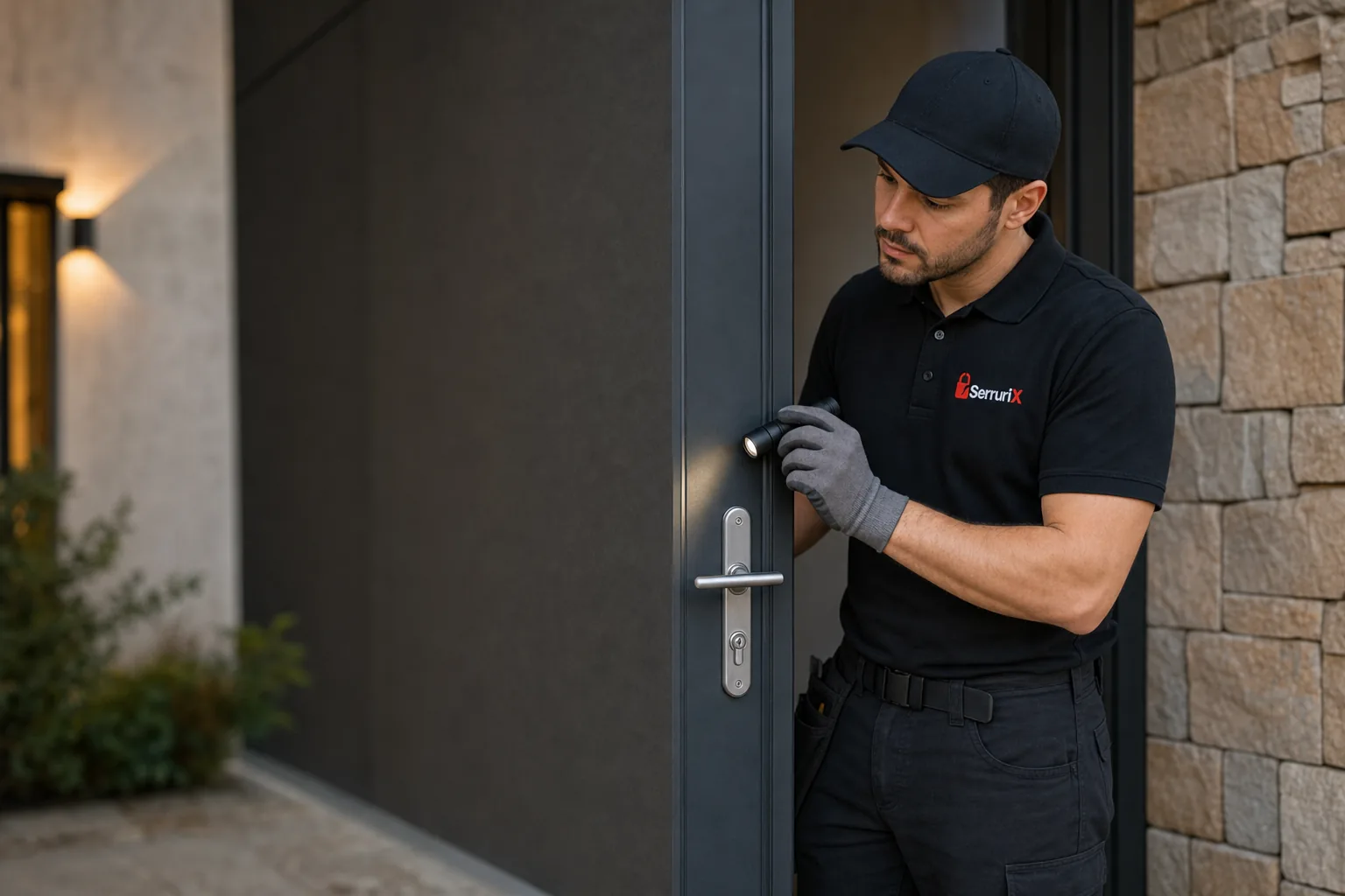 Technicien Serrurix contrôlant la fermeture d'une porte d'entrée à Reventin-Vaugris