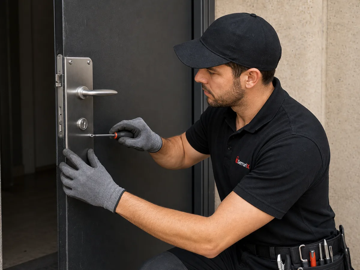 Pose d'une plaque de renfort sur une porte endommagée après une tentative d'intrusion