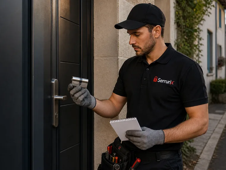 Technicien Serrurix à Roussillon tenant un cylindre devant une porte d'entrée