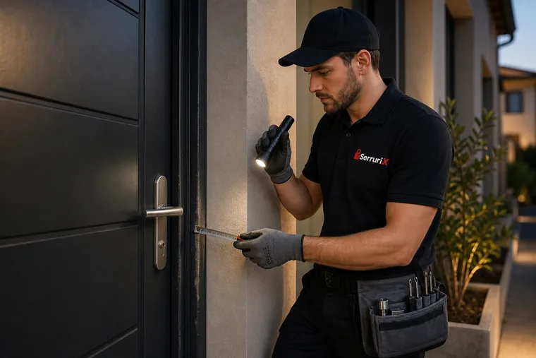 Serrurier Serrurix inspectant une porte à Roussillon après tentative d'effraction