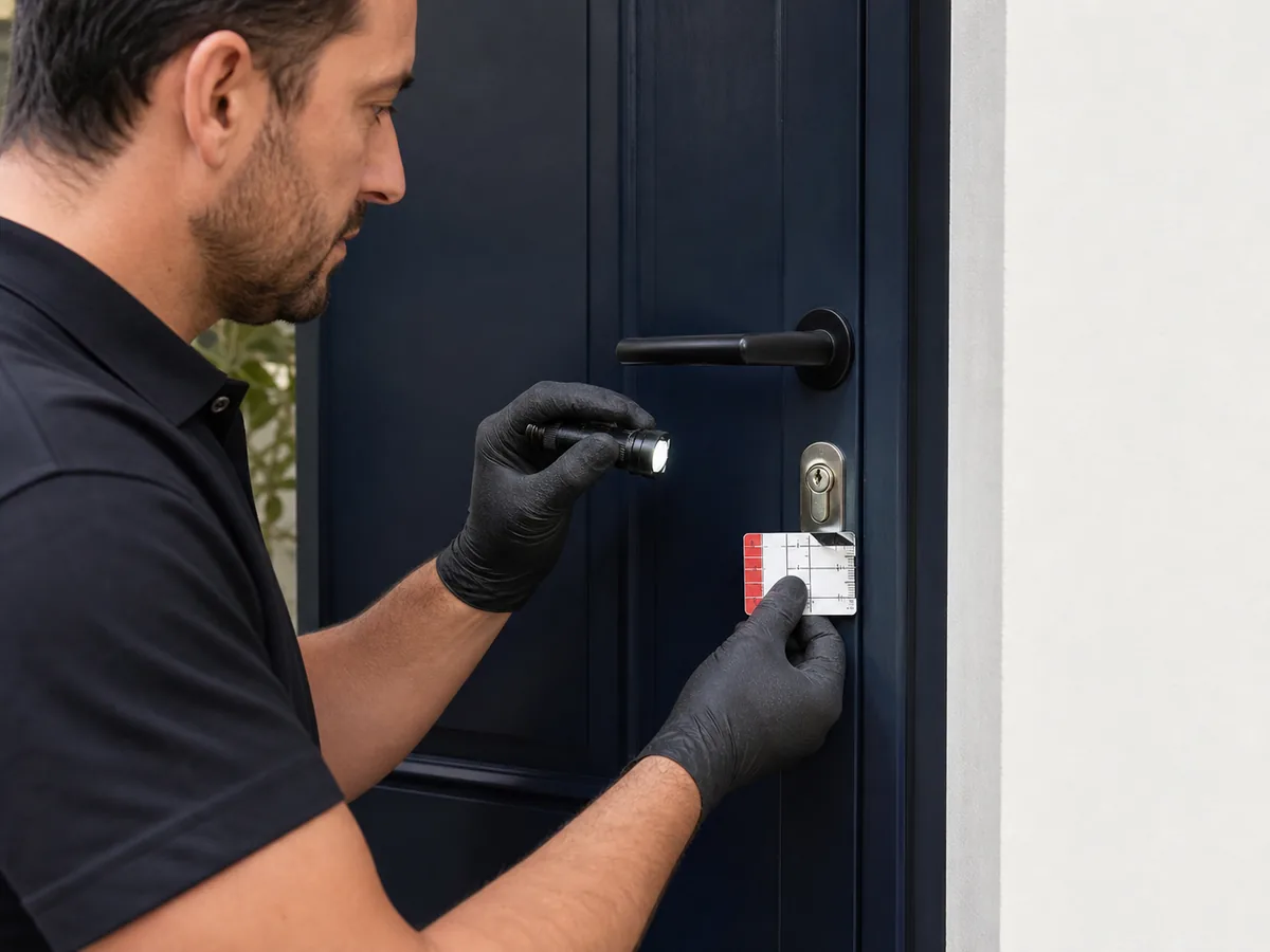 Technicien éclairant un cylindre et contrôlant son positionnement sur une porte bleu sombre