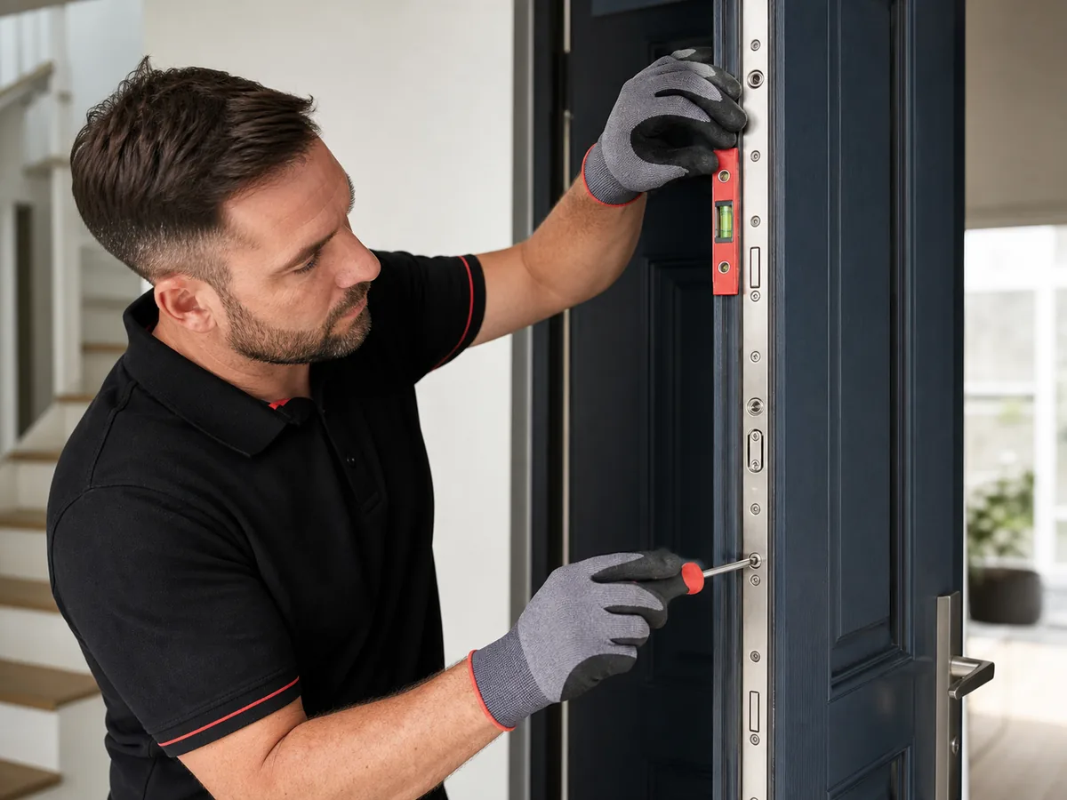 Technicien vérifiant l'alignement d'une fermeture multipoints sur la tranche d'une porte
