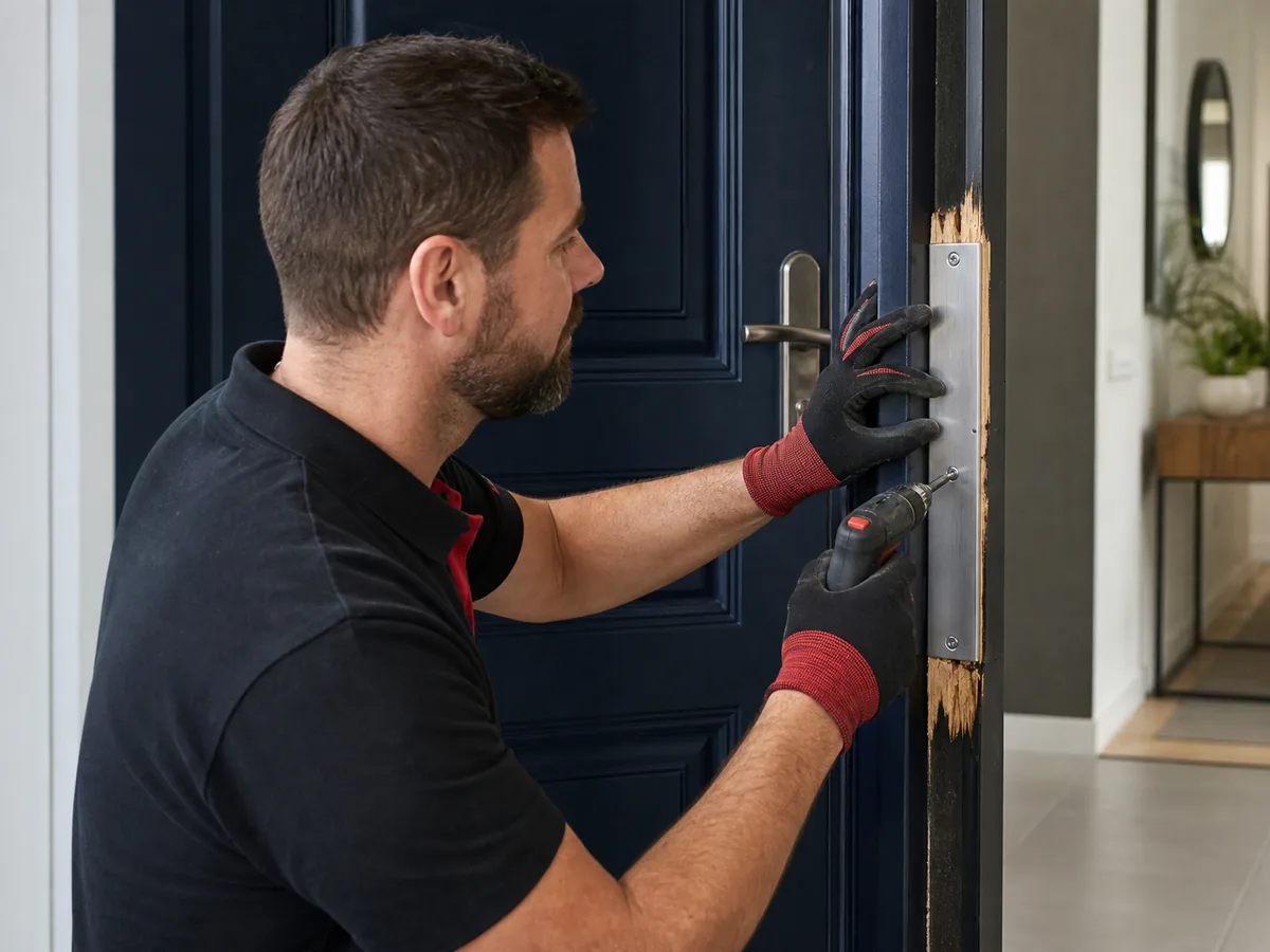 Technicien fixant une plaque de renfort sur le bâti endommagé d'une porte d'entrée