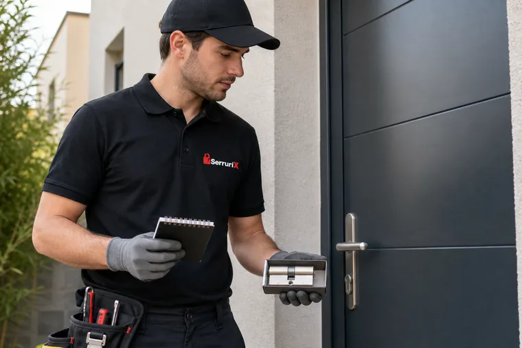 Technicien Serrurix à Saint-Maurice-l’Exil présentant un cylindre de serrure devant une porte