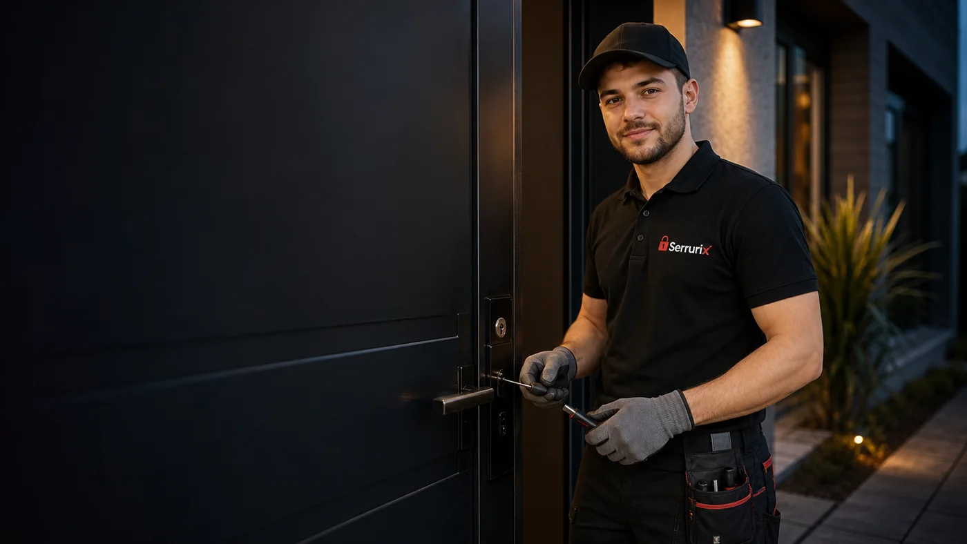 Serrurier à Salaise-sur-Sanne devant une porte d’entrée avec outils de dépannage