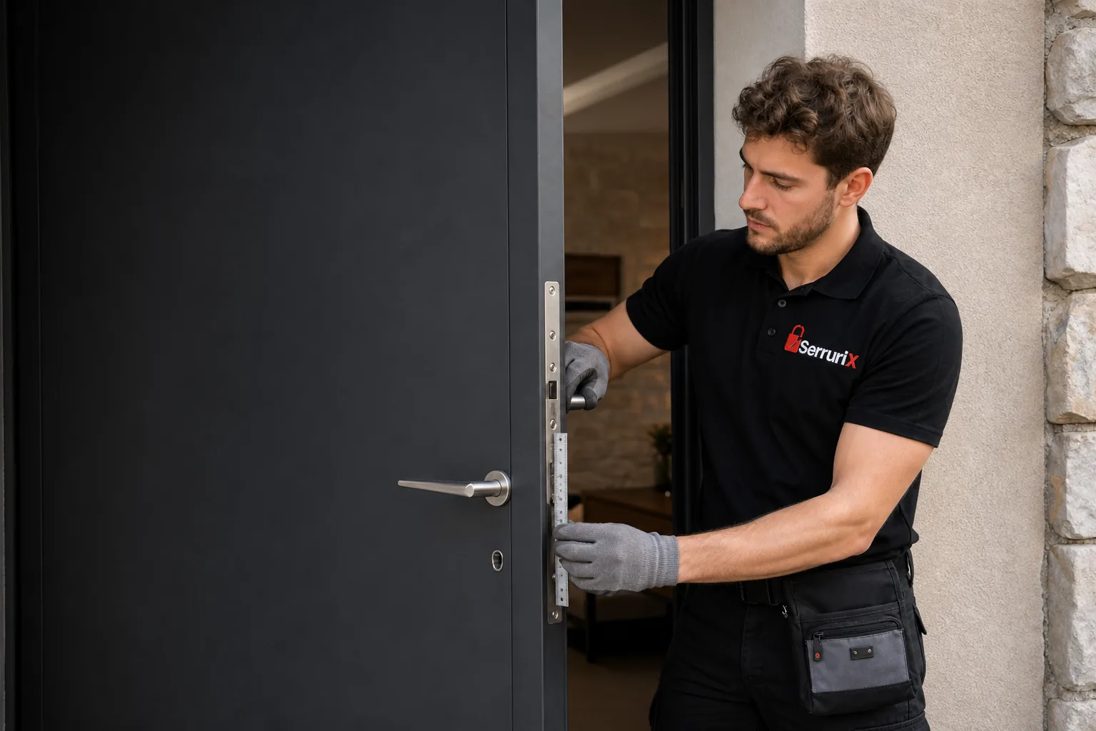 Technicien Serrurix mesurant l'alignement d'une porte sombre ouverte avant son réglage