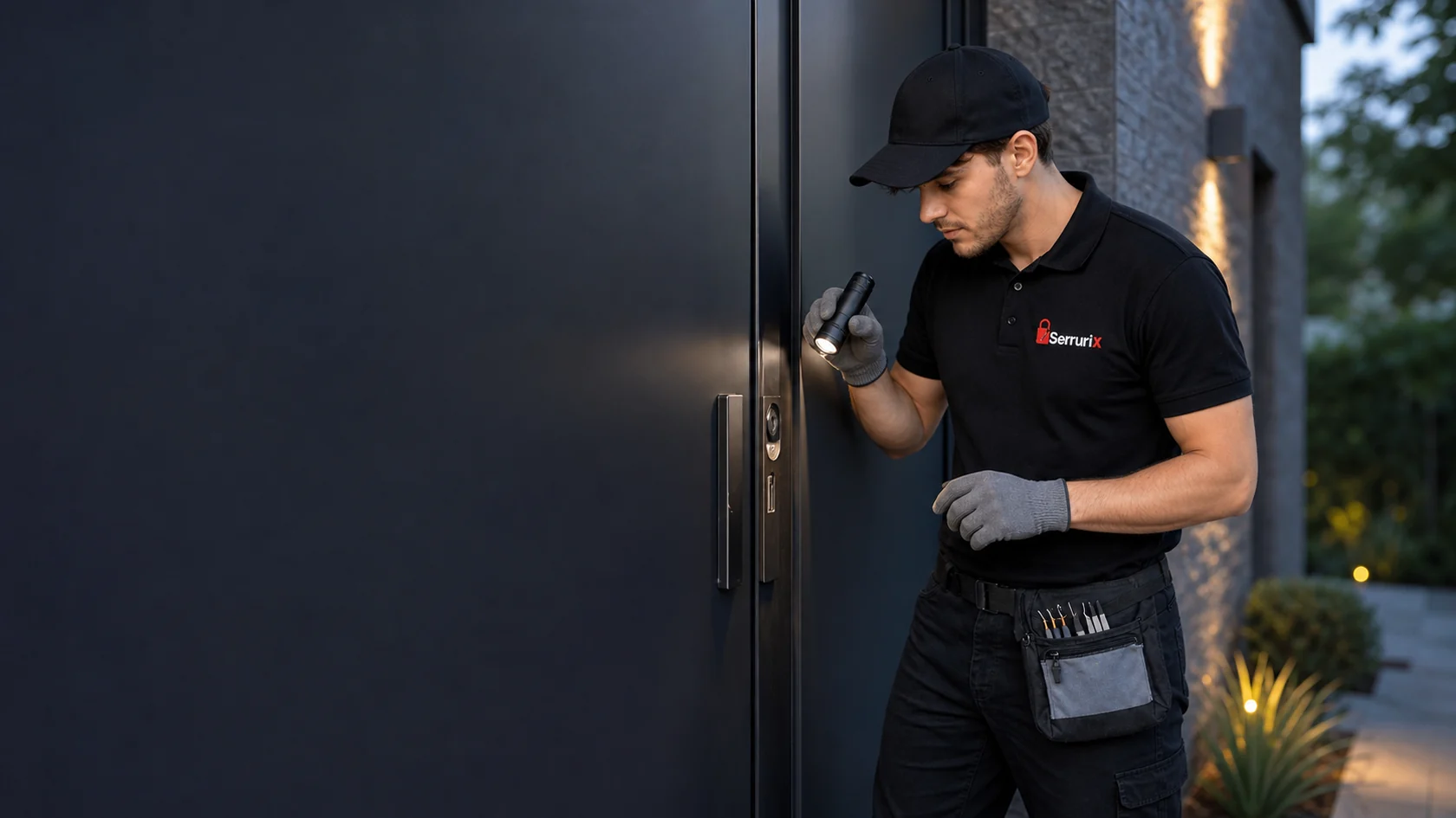 Technicien Serrurix éclairant le mécanisme d’une porte sombre avant diagnostic