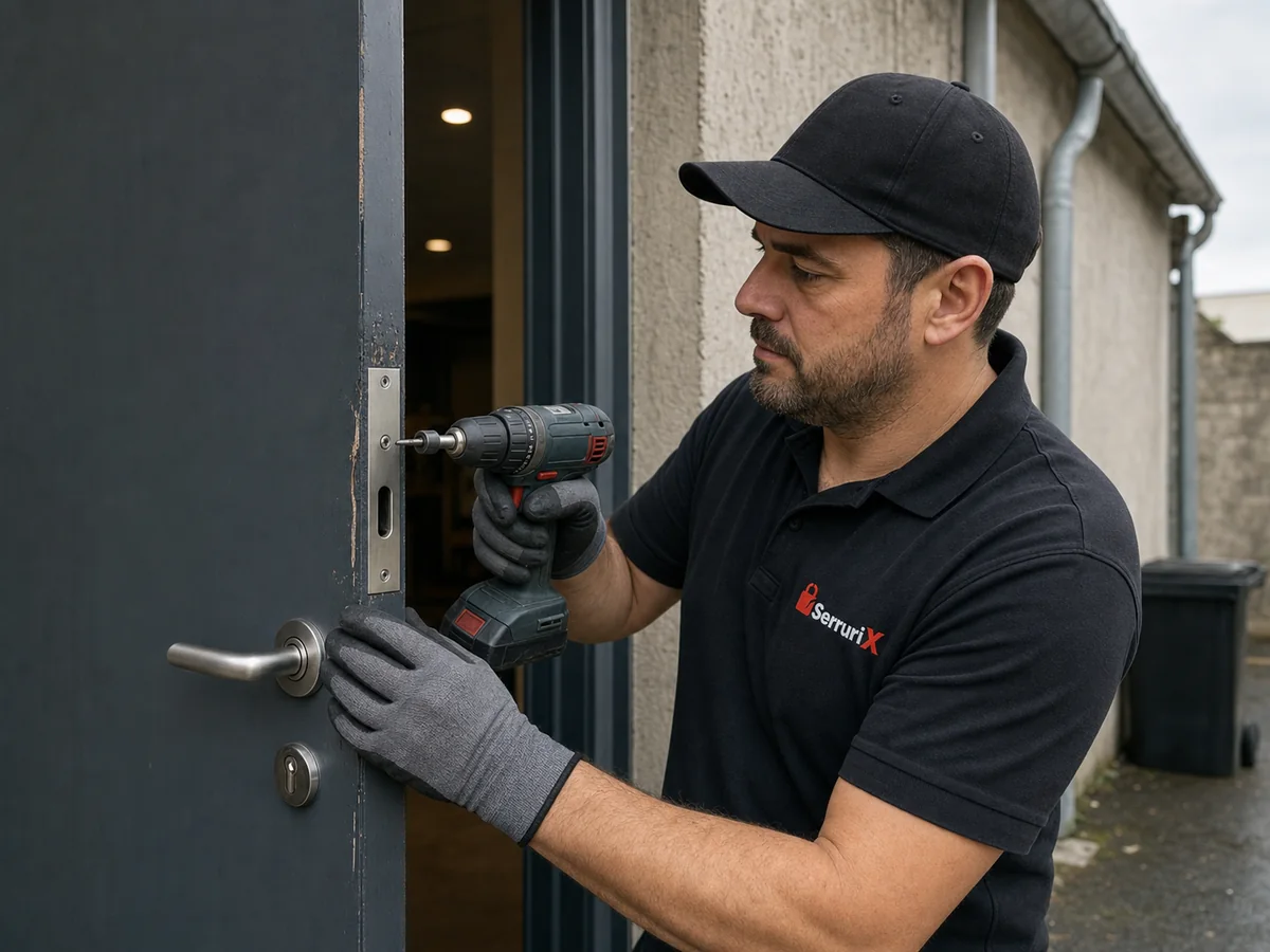 Technicien Serrurix posant une plaque de renfort sur une porte de service abîmée