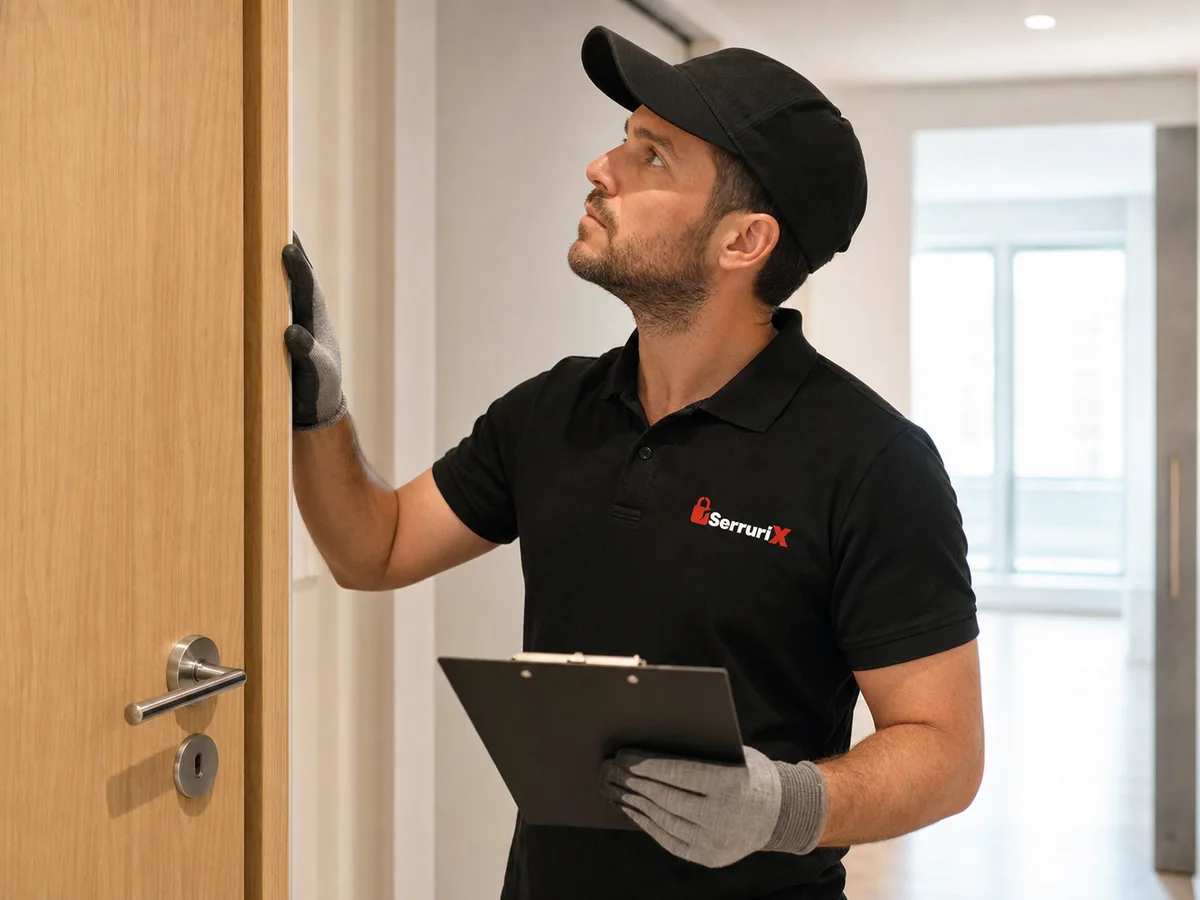 Technicien Serrurix contrôlant l’alignement d’une porte d’appartement ouverte