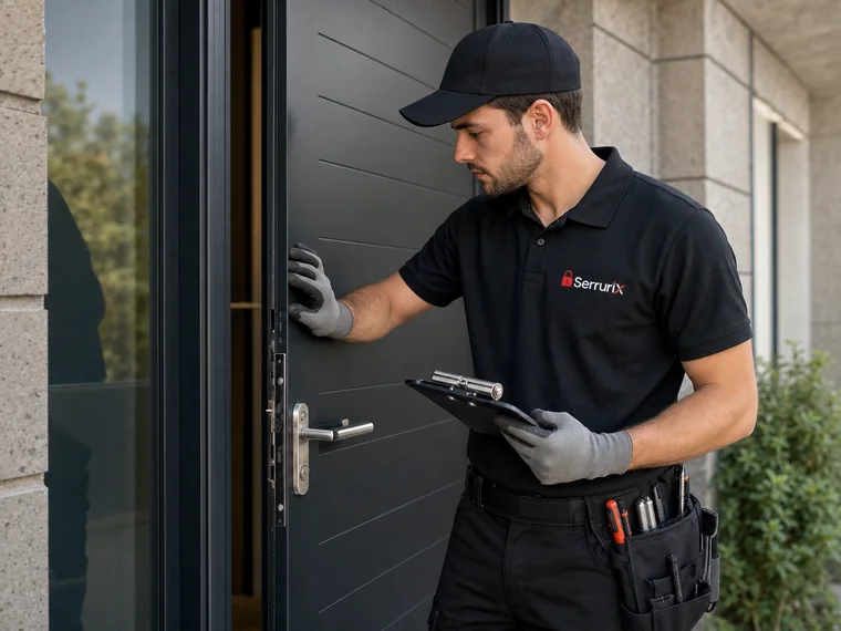Serrurier Serrurix à Vienne inspectant une porte d'entrée pour sécurisation